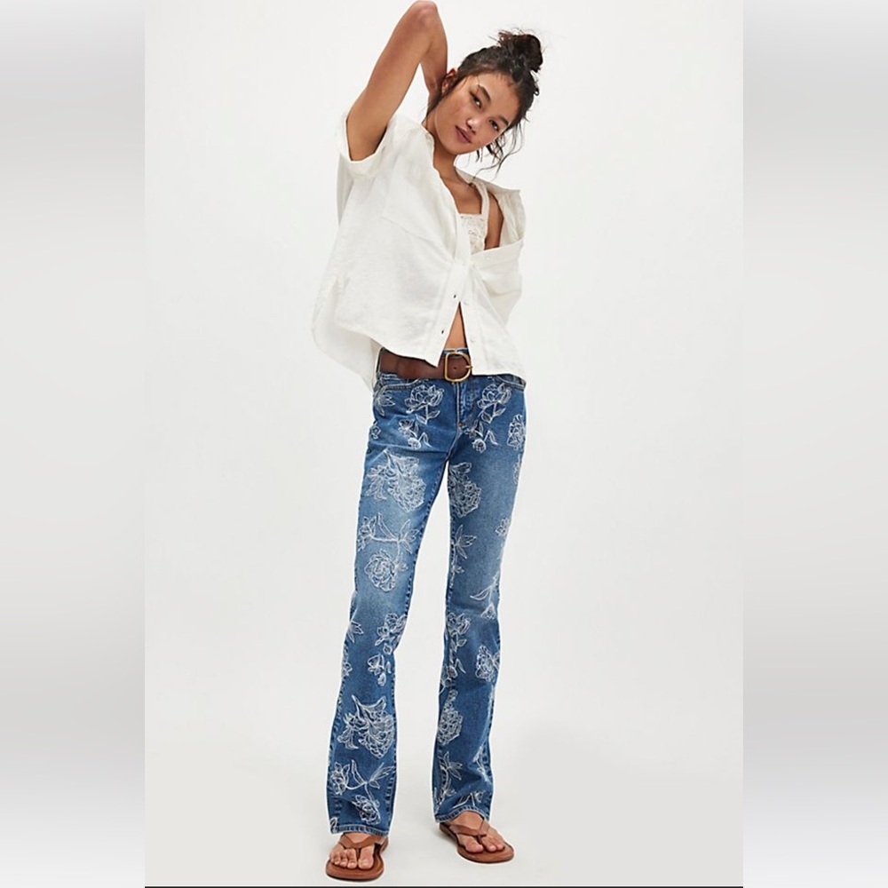 $178 FREE PEOPLE x DRIFTWOOD JEANS Etched Kelly Bootcut Sz 33